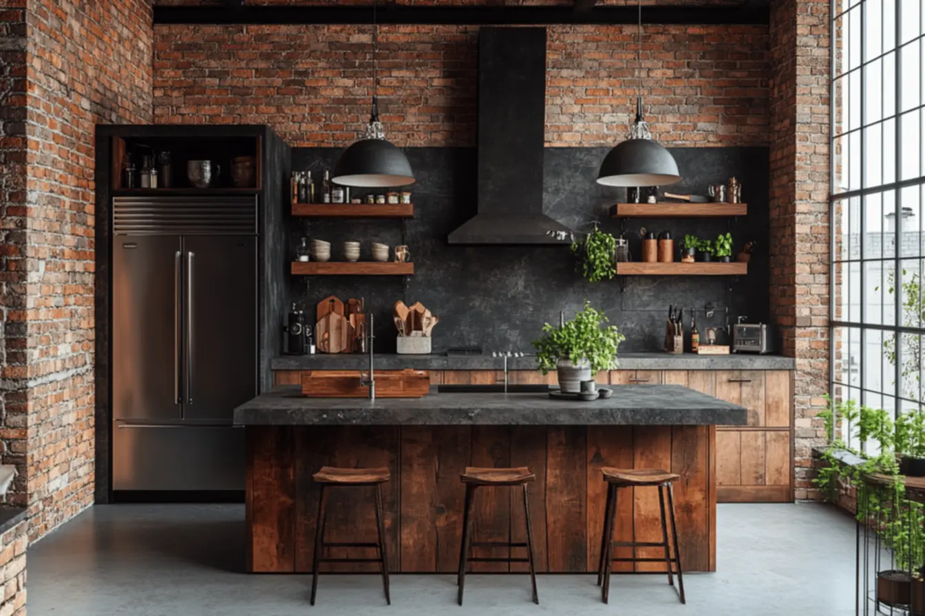 Cozinha industrial com iluminação vintage