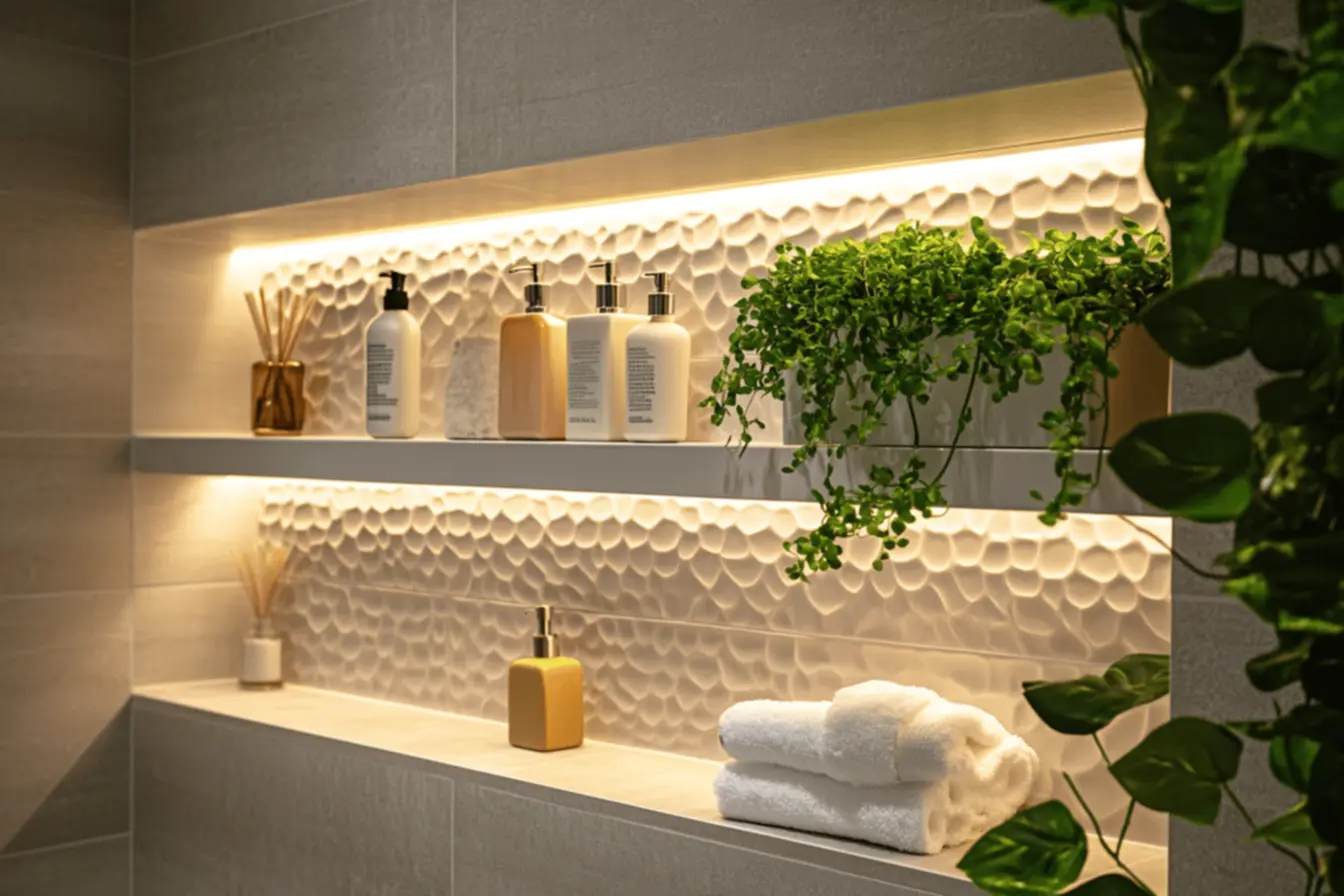 nicho banheiro decorado com objetos de higiene