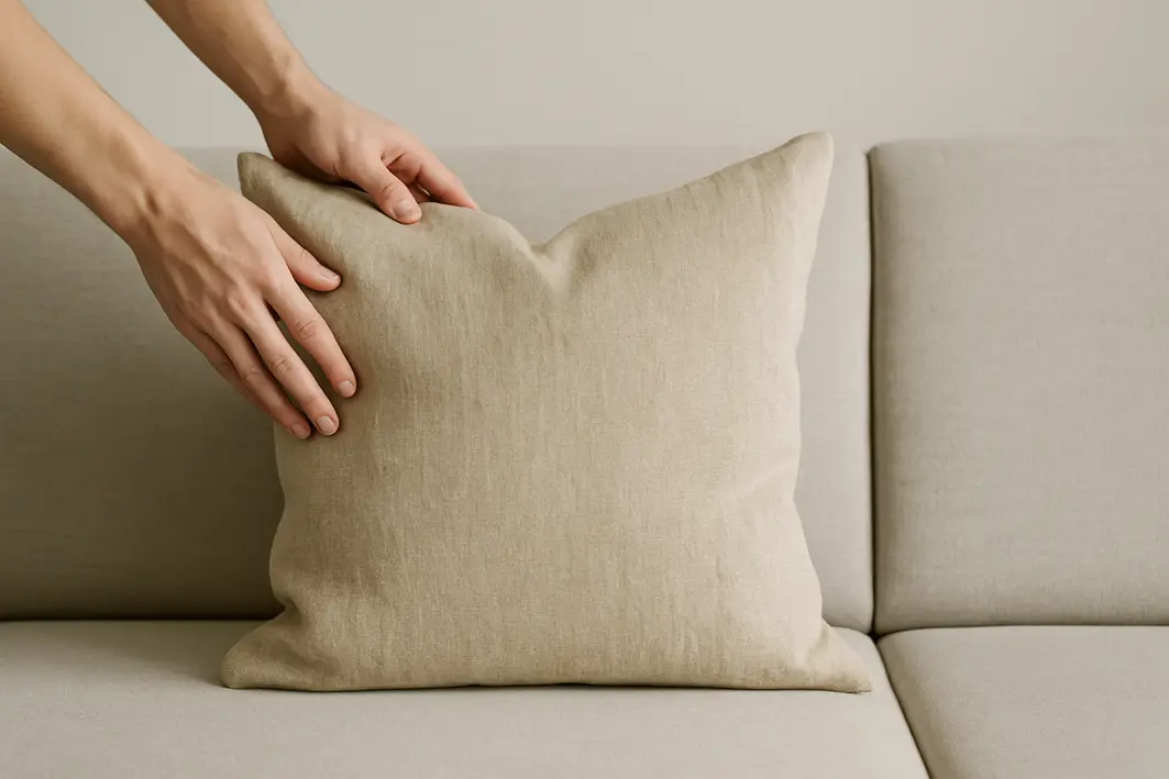 almofada linho bege sofa minimalista Mãos ajustando almofada de linho bege sobre sofá minimalista em tons neutros
