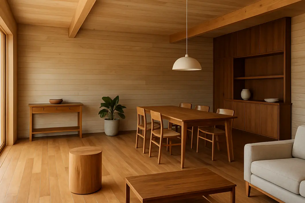 ambiente interno madeira tons quentes frios Ambiente interno amplo com piso e móveis em diferentes madeiras exibindo tons quentes e frios integrados harmoniosamente