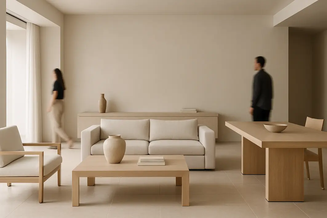 ambiente minimalista sofisticado Ambiente interno amplo minimalista com móveis de madeira clara e pedra natural, decoração sofisticada em tons beges e cinza