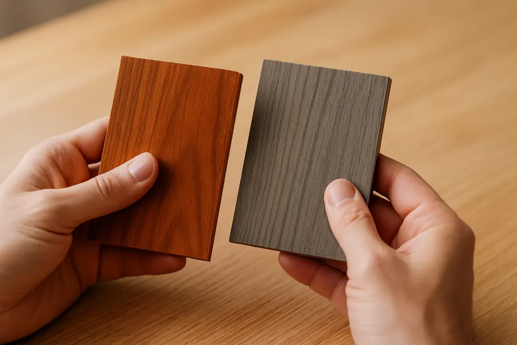 amostras madeira tons quentes frios Mãos segurando duas amostras pequenas de madeira, uma caramelo avermelhado e outra cinza acinzentada, sobre mesa de madeira clara