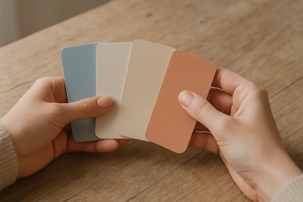 amostras tinta tons calmantes quarto Mãos segurando amostras de tinta em tons azul acinzentado bege e terracota sobre mesa de madeira clara