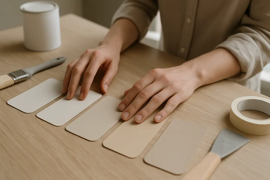 amostras tintas tons neutros cinza offwhite Mãos ajustando amostras de tintas em tons neutros de cinza offwhite e bege sobre mesa de madeira clara