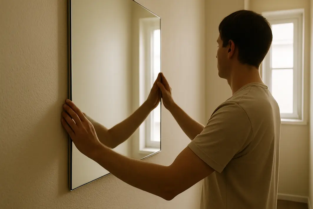 ampliar corredor espelhos cores Mãos ajustando espelho grande sem moldura em corredor estreito com paredes bege claro refletindo luz natural