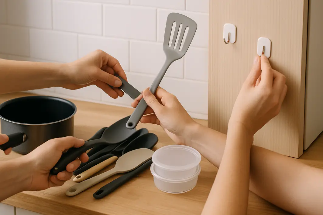 bancada cozinha ganchos adesivos organizacao Mãos instalando ganchos adesivos na lateral de armário claro e organizando utensílios de cozinha na bancada