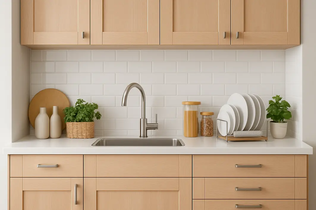 bancada cozinha minimalista organizada 1 Mãos ajustando utensílio funcional sobre bancada clara e limpa em cozinha minimalista