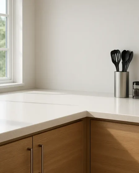 bancada cozinha minimalista organizada 2 Bancada de cozinha minimalista limpa com porta-utensílios e suporte para temperos