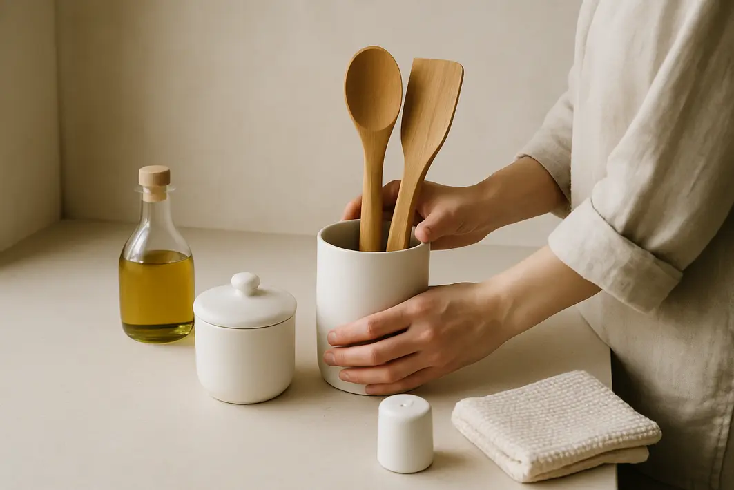 bancada cozinha minimalista utensilios ceramica Mãos organizando utensílios de cozinha em recipientes de cerâmica branca sobre bancada clara e limpa