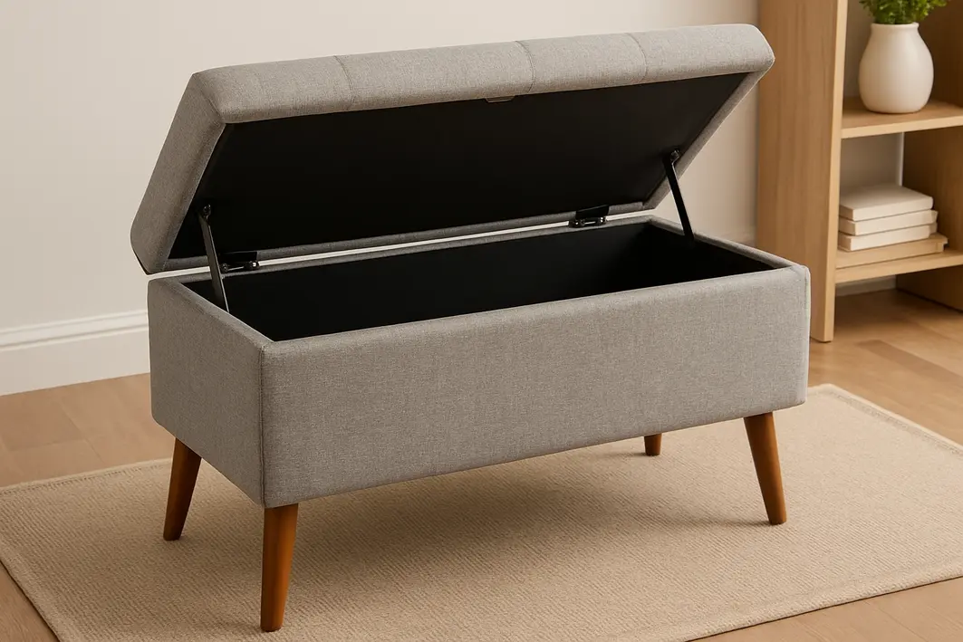 banco bau madeira clara sala estar Banco baú de madeira clara com compartimento aberto e mãos organizando almofadas em sala de estar