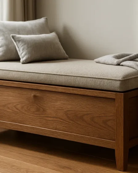 banco bau madeira estofado sala moderna Banco baú versátil de madeira maciça com assento estofado em sala moderna iluminada por luz natural