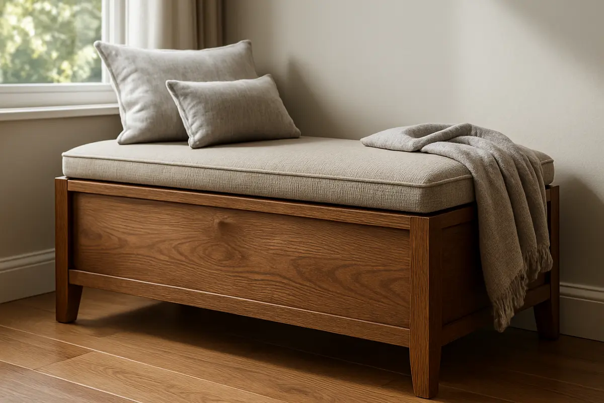 banco bau madeira estofado sala moderna Banco baú versátil de madeira maciça com assento estofado em sala moderna iluminada por luz natural