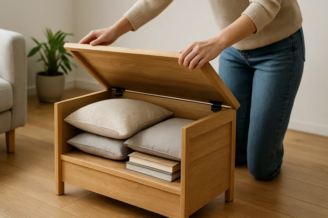 banco bau organizacao almofadas sala Mãos abrindo tampo de banco baú de madeira clara com almofadas e livros dentro em sala de estar minimalista