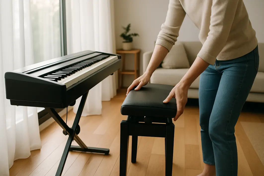 banco piano digital janela cortinas Mãos ajustando banco de piano digital ao lado de janela com cortinas esvoaçantes em sala aconchegante