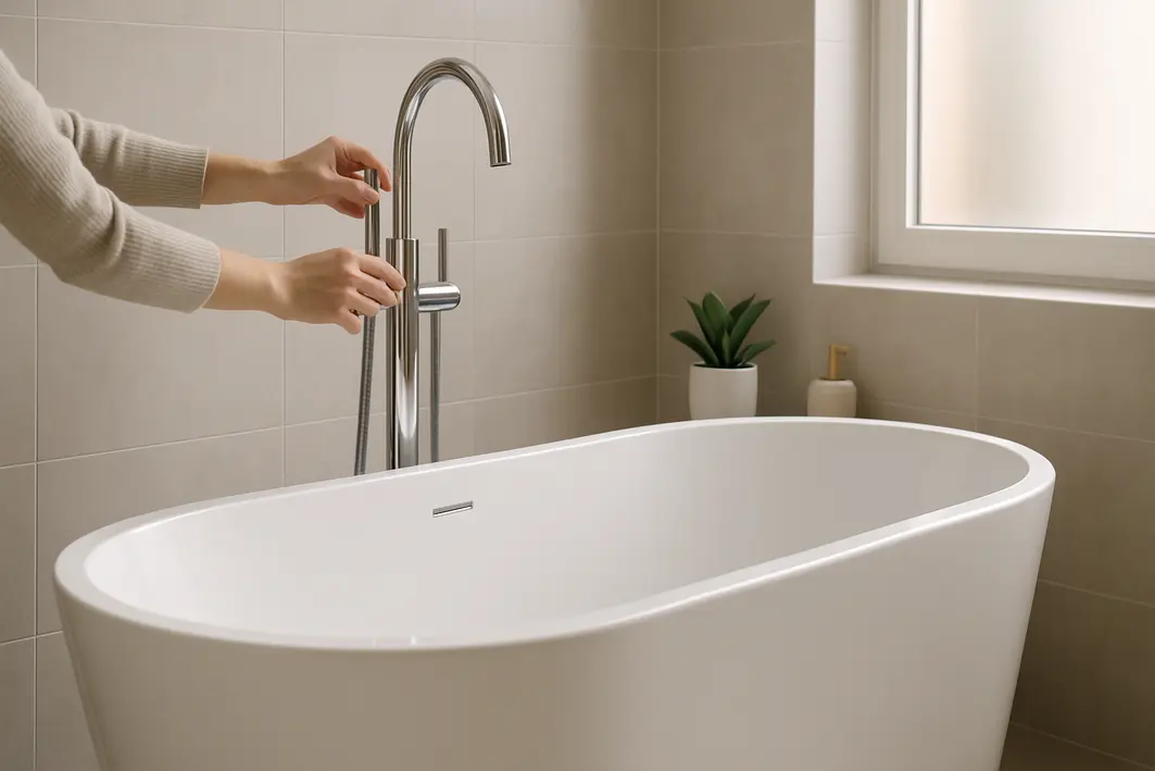 banheira freestanding banheiro medio torneira piso Banheira freestanding branca com design moderno em banheiro médio com revestimento neutro, mãos ajustando torneira de piso cromada próxima à janela