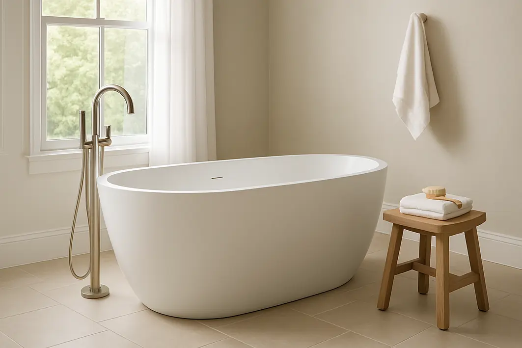 banheira freestanding torneira chao metal Banheira freestanding branca com torneira de chão em metal escovado próximo a janela