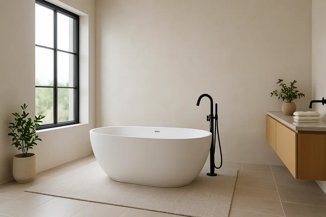 banheiro moderno banheira freestanding Banheiro medio moderno com banheira freestanding de design sofisticado centralizada