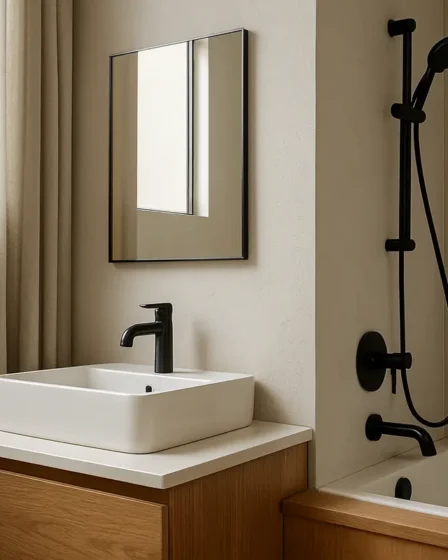 banheiro moderno metais pretos 1 Banheiro moderno com metais pretos foscos e PVD, paredes claras e detalhes em madeira natural