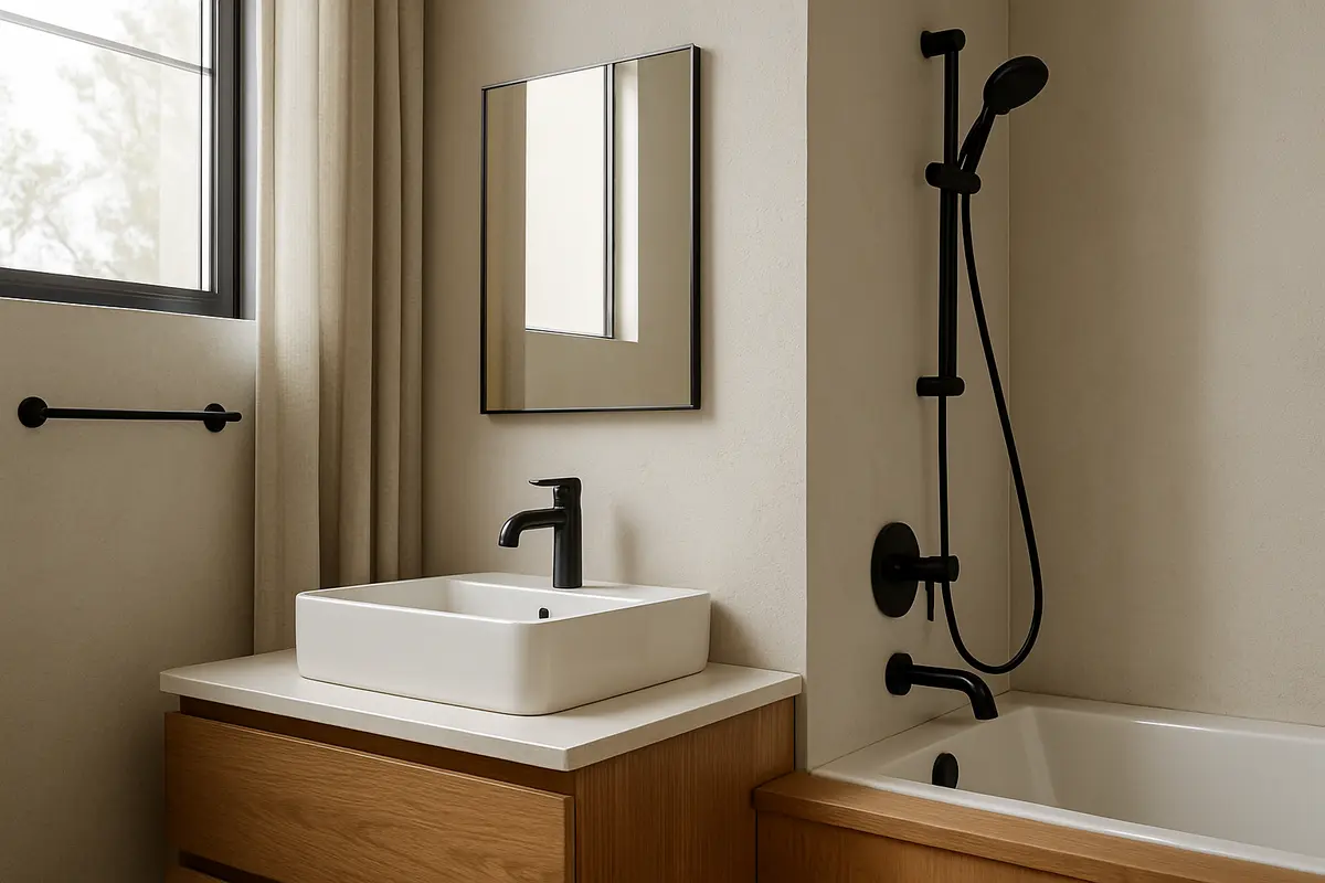 banheiro moderno metais pretos 1 Banheiro moderno com metais pretos foscos e PVD, paredes claras e detalhes em madeira natural