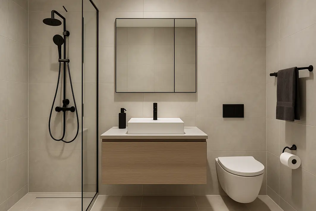 banheiro moderno metais pretos torneira Mãos ajustando torneira de metal preto fosco em pia de mármore clara com detalhes de madeira ao fundo