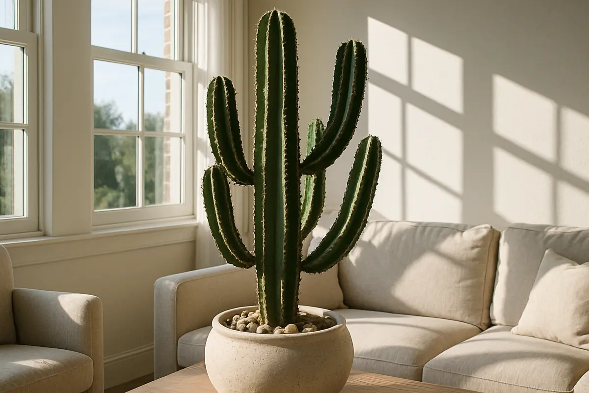 cacto candelabro sala decoracao Cacto candelabro alto e ramificado em vaso de ceramica com pedras decorativas em sala iluminada por luz natural da manha