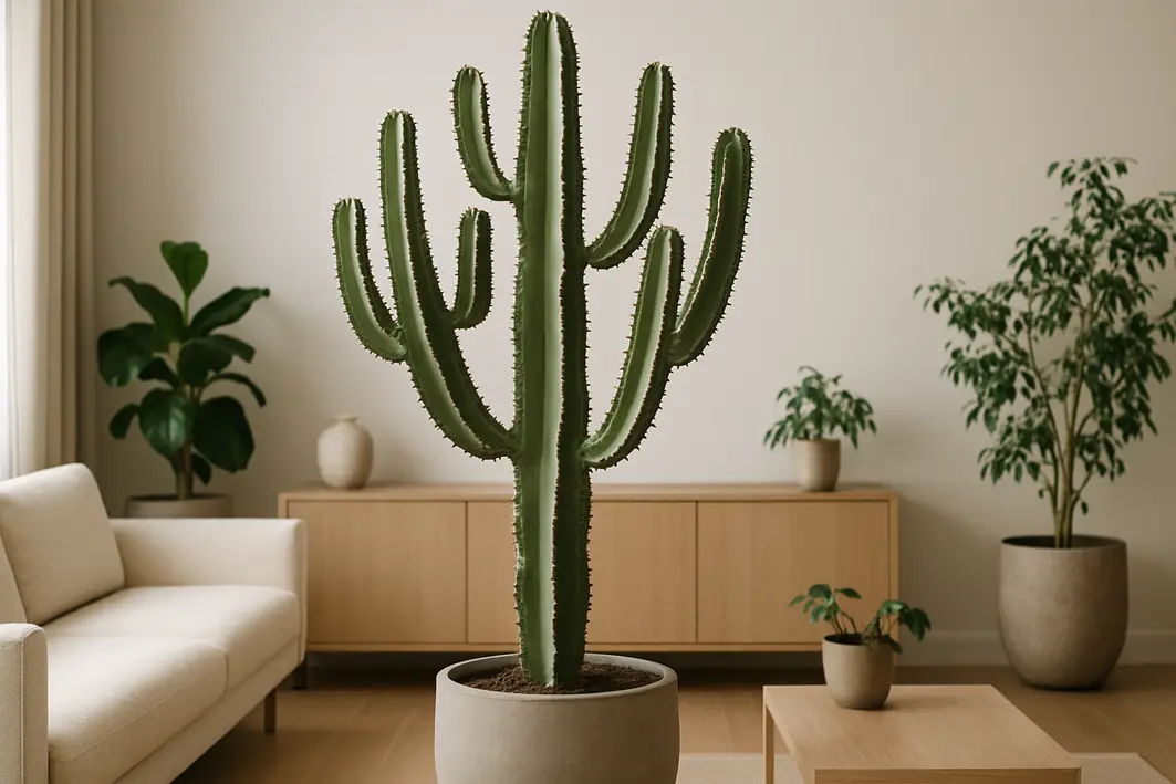 cacto candelabro sala estar minimalista Cacto candelabro colunar com ramificações rigorosas e espinhos, em vaso, em sala de estar minimalista com decoração neutra e iluminação natural