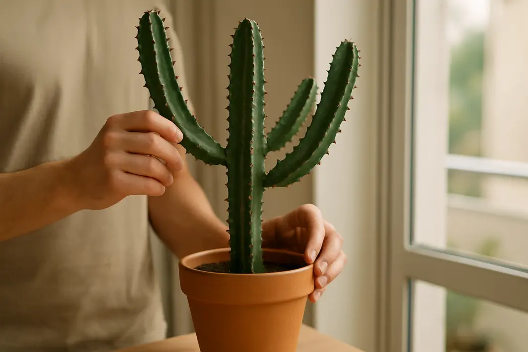 cacto candelabro vaso interior cuidados Cacto candelabro em vaso com braços ramificados e espinhos visíveis em ambiente interno, mãos ajustando o vaso