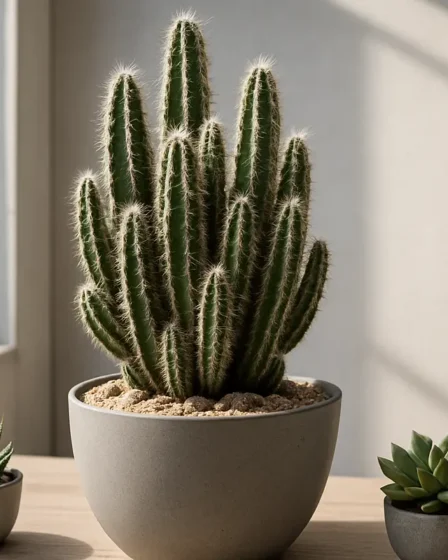 cacto castelo de fada moderno minimalista Cacto castelo de fada com múltiplos ramos verticais em vaso de cerâmica fosca próximo a janela com luz natural
