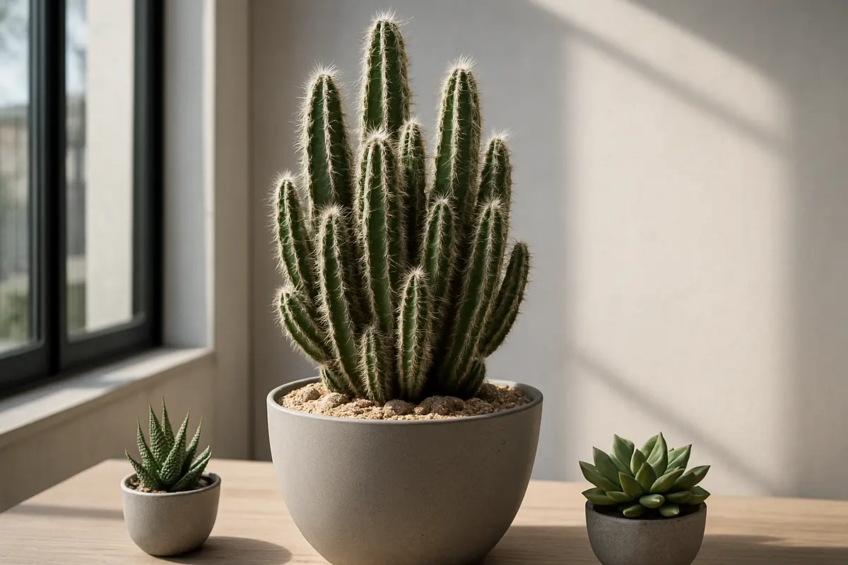 cacto castelo de fada moderno minimalista Cacto castelo de fada com múltiplos ramos verticais em vaso de cerâmica fosca próximo a janela com luz natural