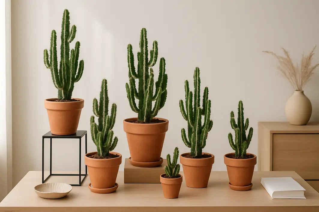 cacto castelo de fada vasos decoracao Vasos com cactos castelo de fada de diferentes alturas e formas esculturais em mesa minimalista com fundo claro elegante