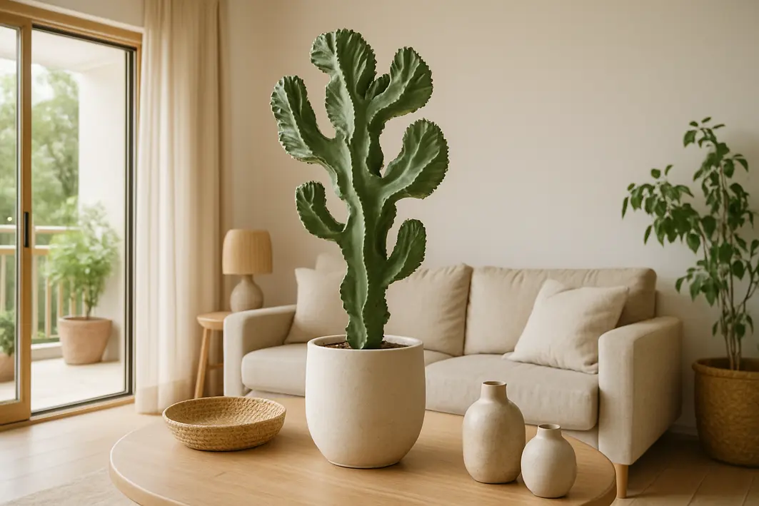 cacto monstro sala varanda moderna Sala de estar moderna com grande janela aberta para varanda, destacando vaso elegante com cacto monstro em formato escultórico ao centro