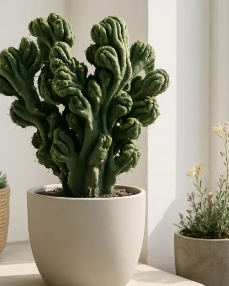 cacto monstro varanda minimalista Cacto monstro exuberante em vaso de ceramica fosca em varanda com suculentas e vasos de concreto