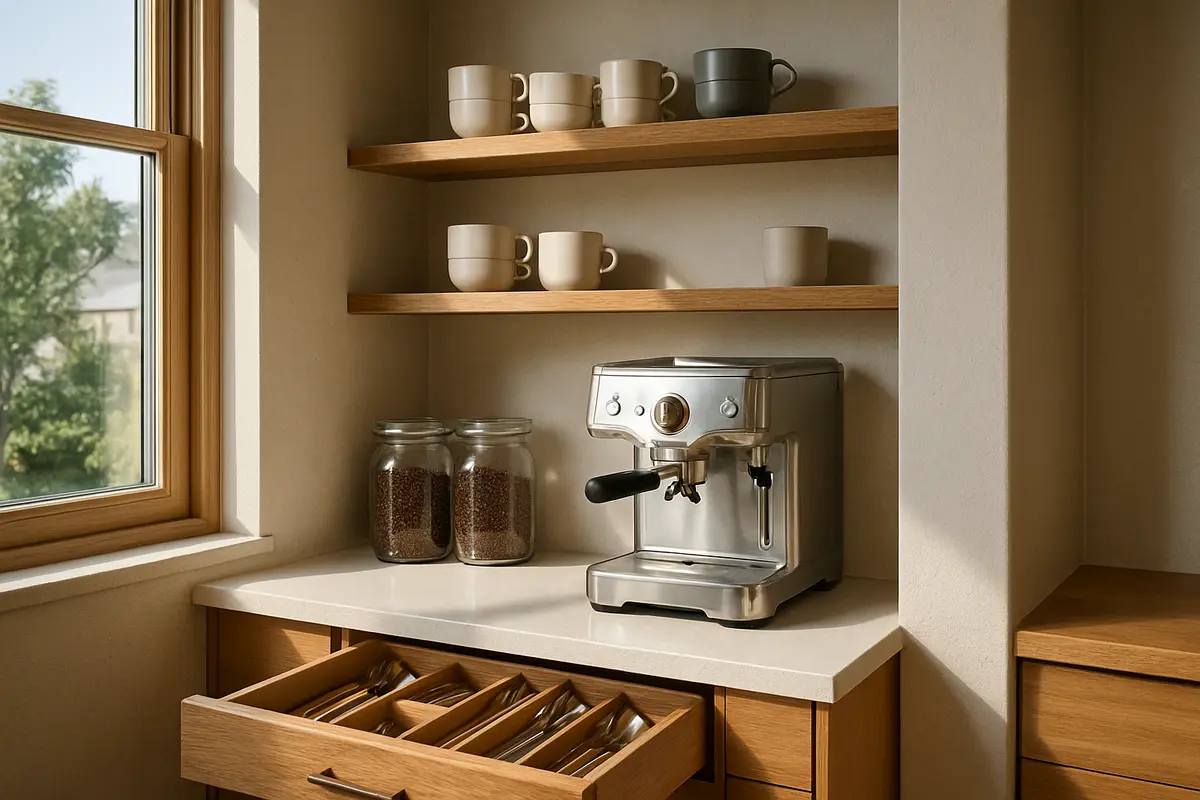 cantinho do cafe bancada compacta elegante Cantinho do café com bancada de quartzo, máquina de espresso, potes herméticos e prateleiras de madeira tratada