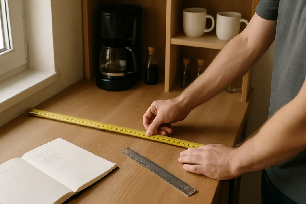 cantinho do cafe bancada medidas Mãos masculinas medindo bancada compacta para cantinho do café com fita métrica ao lado de régua e caderno aberto