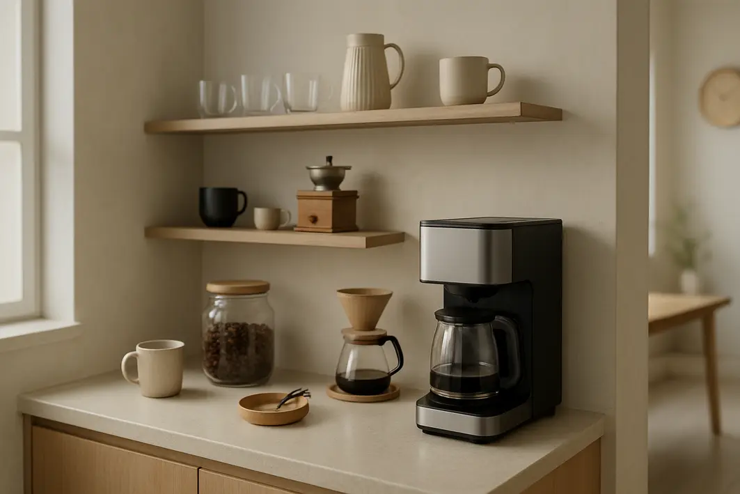 cantinho do cafe bancada organizada Cantinho do café doméstico elegante com bancada compacta, prateleiras empilhadas ao fundo e cafeteira moderna
