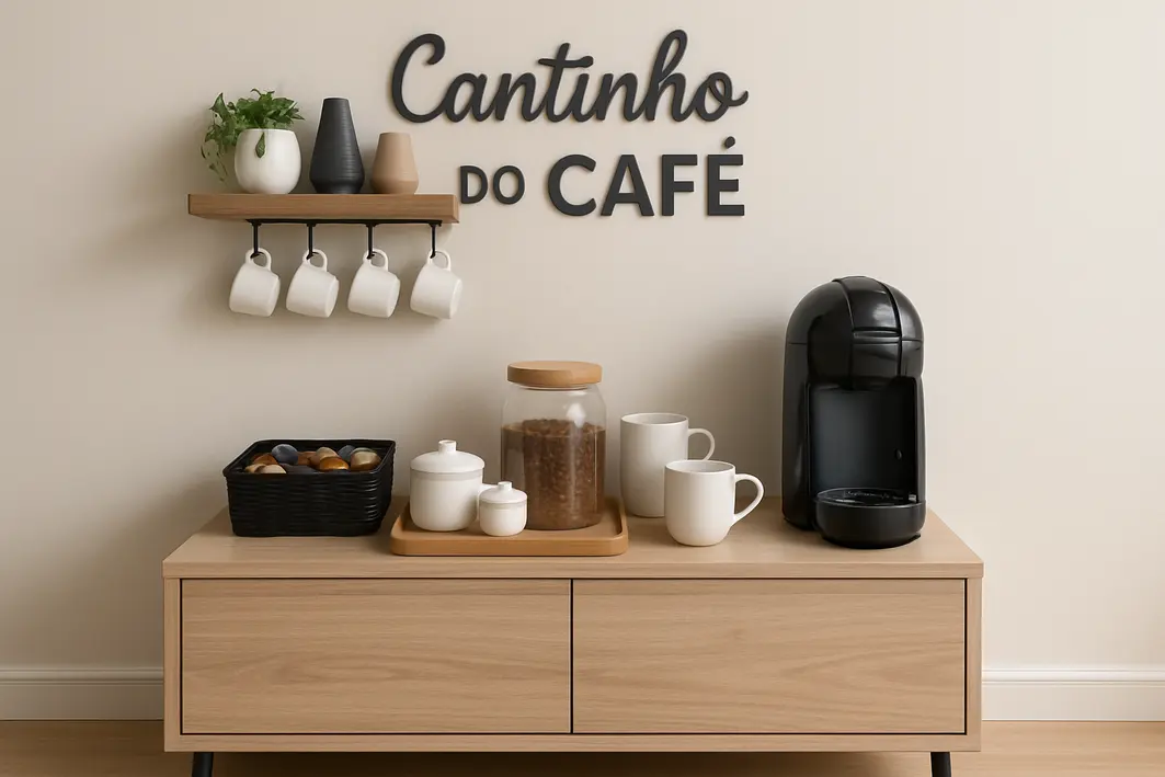 cantinho do cafe fita metrica bancada Mãos ajustando fita métrica sobre bancada de madeira clara em cantinho do café compacto com máquina de café expresso e prateleiras organizadas