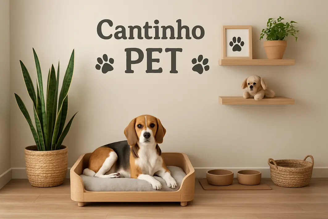 cantinho pet sala cama nicho madeira Sala moderna com cantinho pet contendo cama embutida de madeira clara, nicho elevado para gato e planta verde