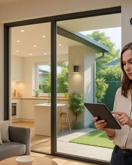 casa inteligente seguranca iluminacao 1 Interior moderno de casa inteligente com sala e cozinha integradas iluminadas por luzes smart e câmeras discretas instaladas