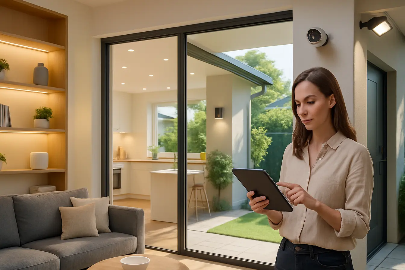 casa inteligente seguranca iluminacao 1 Interior moderno de casa inteligente com sala e cozinha integradas iluminadas por luzes smart e câmeras discretas instaladas