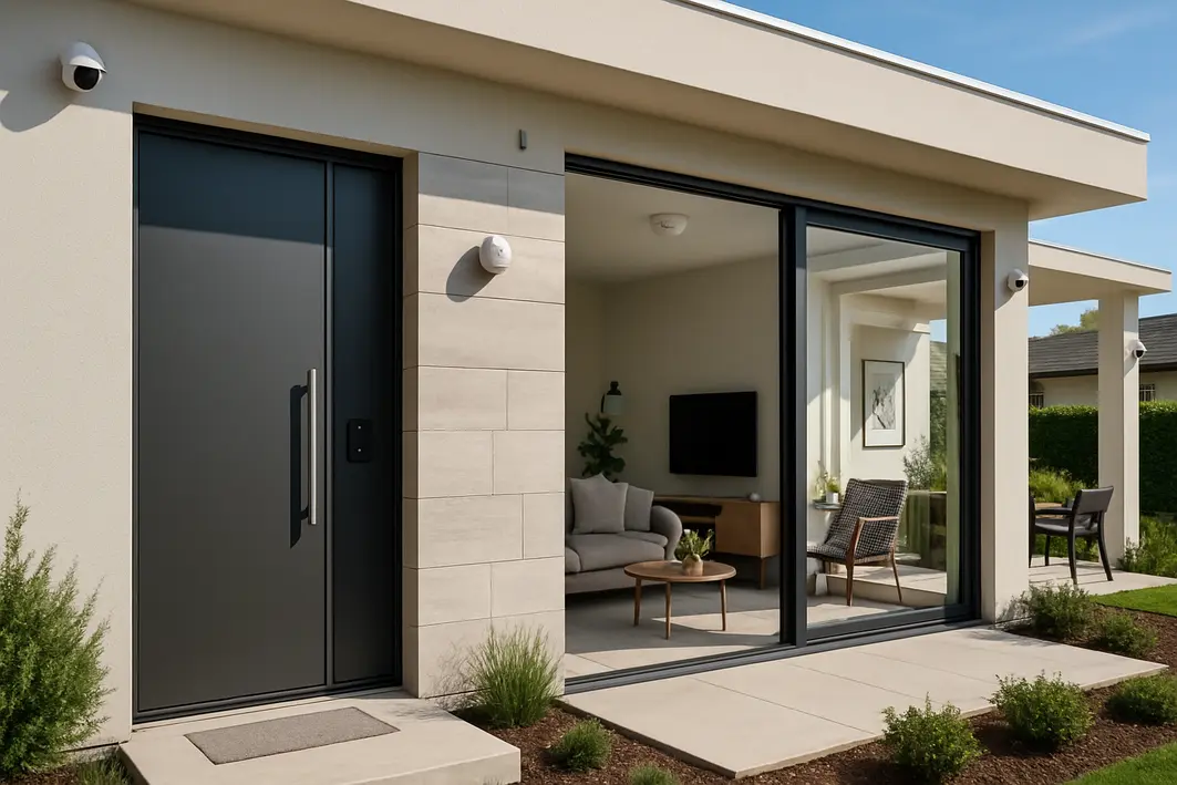 casa inteligente seguranca iluminacao Casa moderna com entrada principal segura, varanda externa organizada e câmeras discretas instaladas