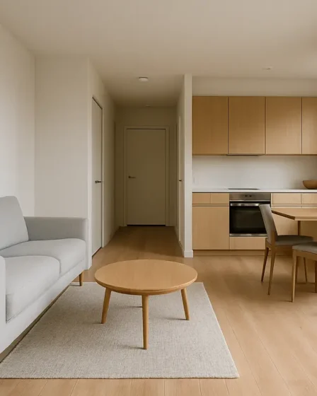 circulacao ergonomica casa movel espacoso Ambiente interno moderno com móveis ergonômicos posicionados para circulação ampla entre sala, cozinha e corredor