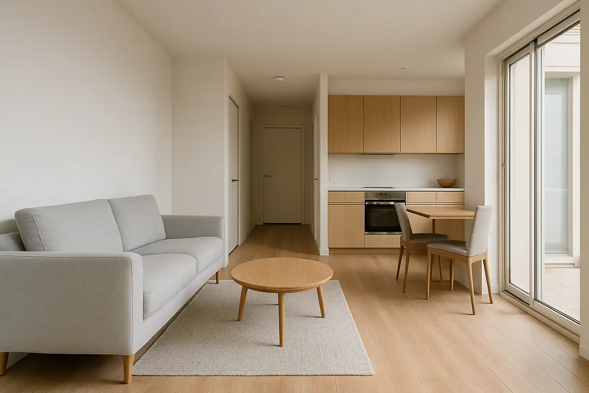 circulacao ergonomica casa movel espacoso Ambiente interno moderno com móveis ergonômicos posicionados para circulação ampla entre sala, cozinha e corredor