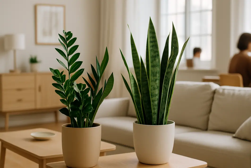 comparacao zamioculca espada de sao jorge Sala clara com zamioculca de folhas pinnadas e espada de sao jorge de folhas longas verticais em vasos elegantes lado a lado