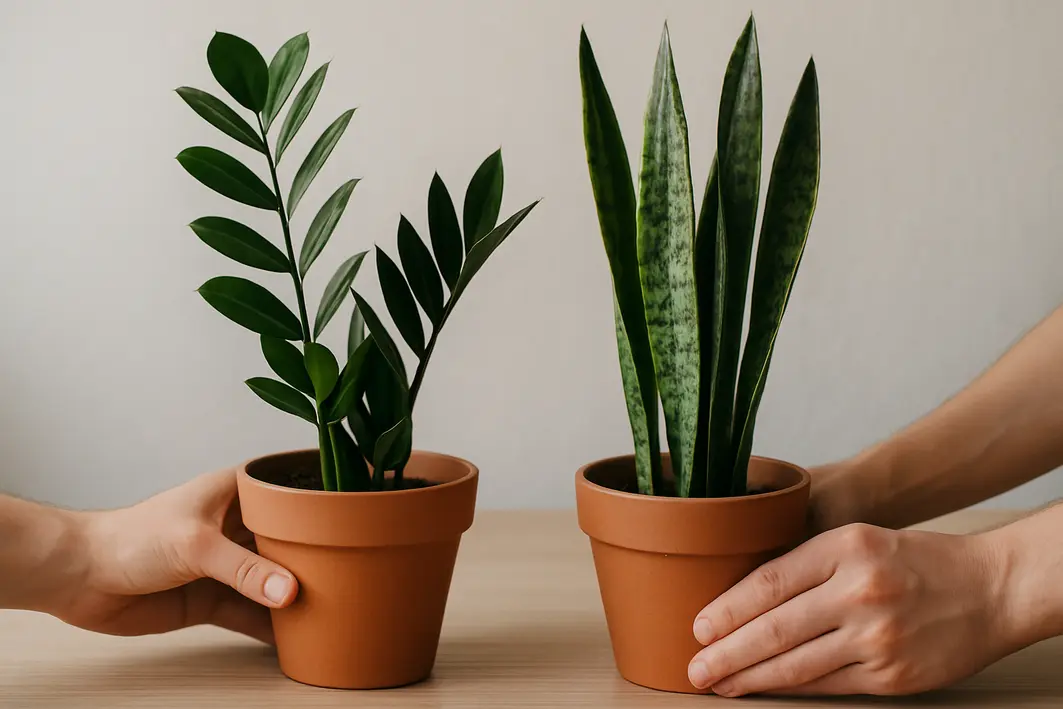 comparar zamioculca espada sao jorge Duas maos posicionando lado a lado vasos com zamioculca de folhas pinnadas e brilho ceroso e espada de sao jorge com folhas verticais formato espada