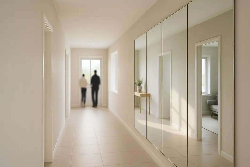 corredor espelhos cores claros Corredor residencial amplo com paredes claras e espelhos grandes ao longo da lateral refletindo luz natural