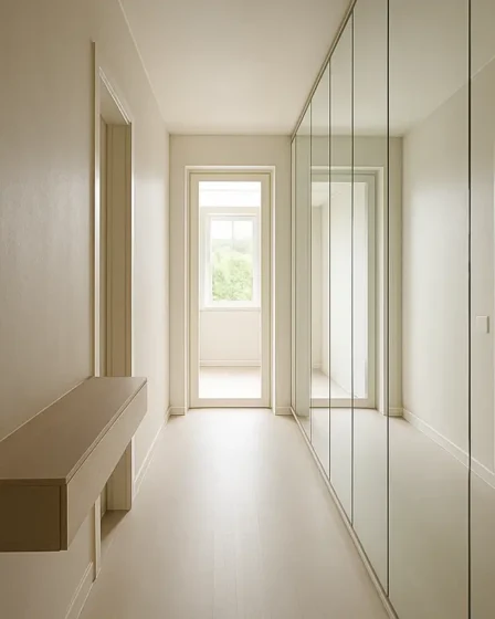 corredor estreito espelhos luz natural Corredor estreito com espelhos longitudinais refletindo luz natural e paredes em tons neutros claros