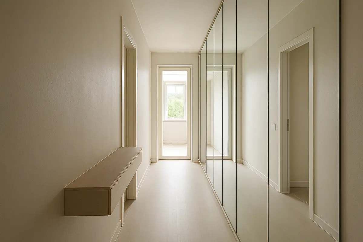corredor estreito espelhos luz natural Corredor estreito com espelhos longitudinais refletindo luz natural e paredes em tons neutros claros