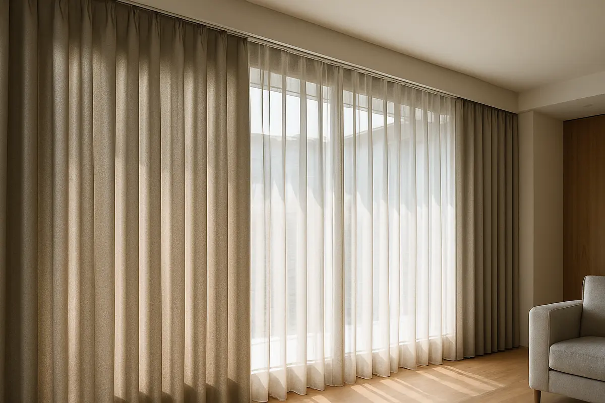 cortinas wave elegancia caimento Cortinas Wave elegantes com dobras contínuas do chão ao teto em sala moderna com grandes janelas