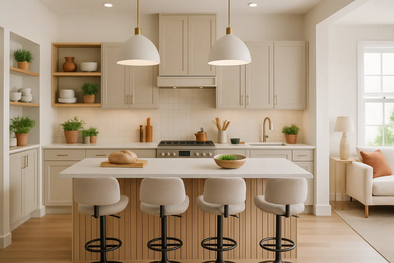 cozinha convivencia gourmet moderna Cozinha gourmet integrada com espaço de estar, ilha central com bancada de quartzito e banquetas estofadas