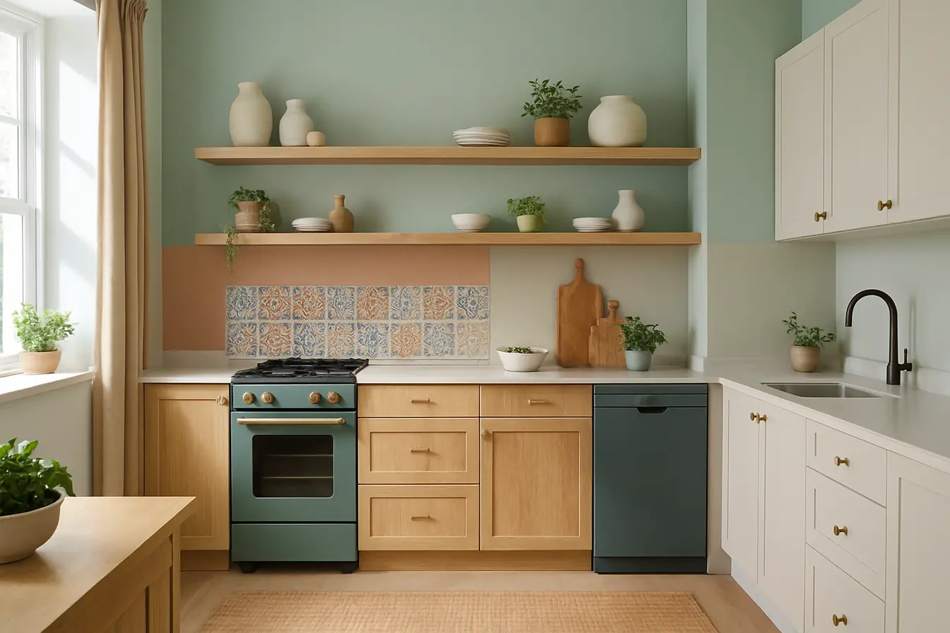 cozinha moderna colorida aconchegante Cozinha contemporânea com armários de madeira natural, paredes em verde e terracota, azulejos coloridos e eletrodomésticos foscos coloridos